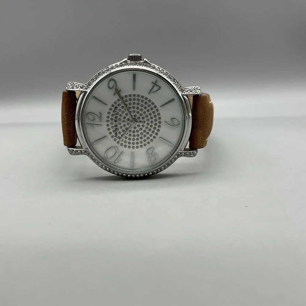 Anne Klein Womens Watch 37mm MOP Dial Brown Leather Crystals New Battery